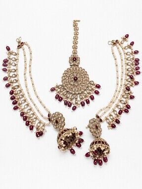 Burgundy and Gold Kundan Earring Sahara With Maang Tikka
